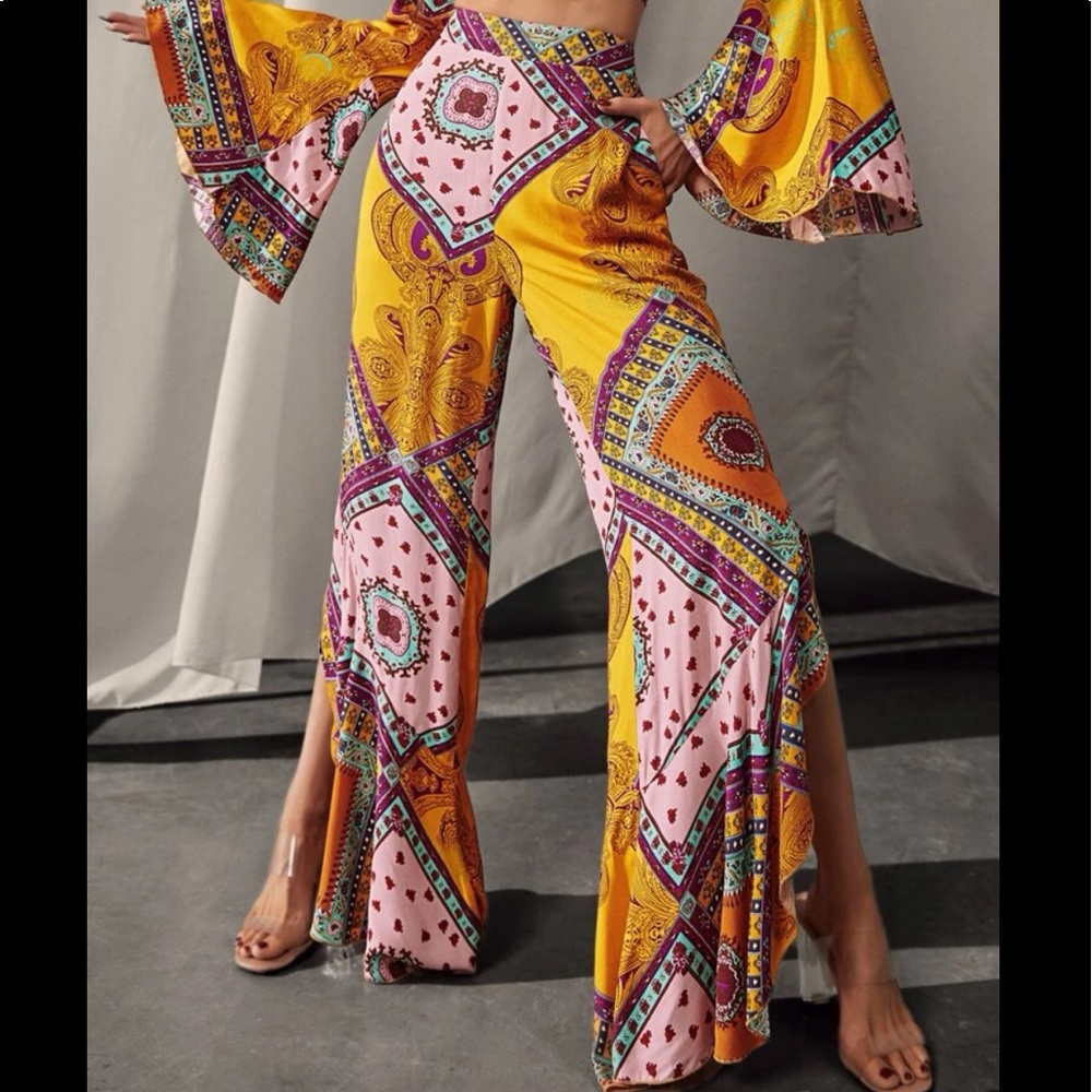 Boho Bohemian Gypsy Floral Paisley Print Slit wide Leg Pants - Picture 1 of 9
